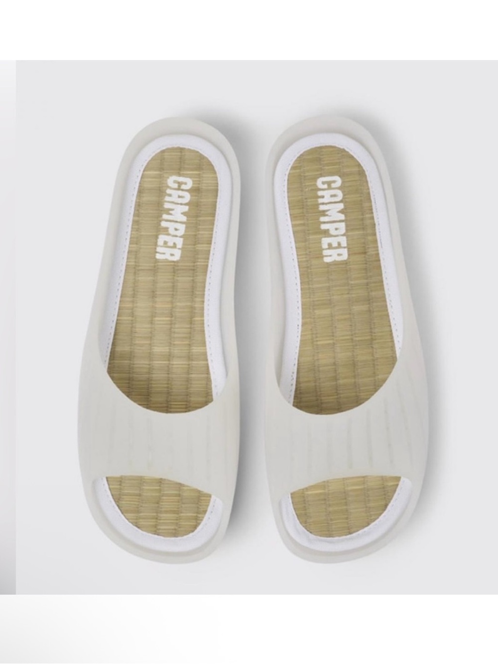 Camper White Slide Sandals with Natural Straw Insole